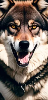 Close-up of a wolf-dog with striking eyes in a forest.