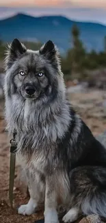 Majestic wolf-dog in a scenic mountain landscape.