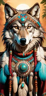 Tribal wolf with feathers in majestic art style.