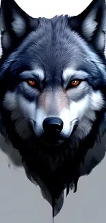 Detailed wolf face with piercing eyes on mobile wallpaper.