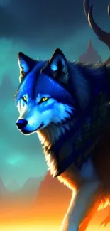 Fantasy wallpaper with a majestic blue wolf.