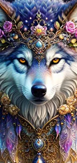 A majestic wolf with floral and jeweled adornments in a fantasy art style.