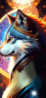 Majestic wolf in detailed fantasy art with vibrant colors.