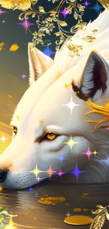 Majestic white wolf with golden accents on fantasy background wallpaper.