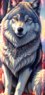 A majestic wolf with jewelry, set in a fantasy landscape.