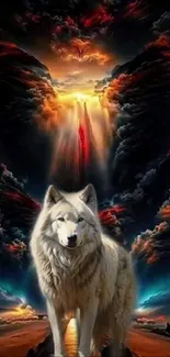 Majestic white wolf amidst a fantasy landscape with vibrant skies.