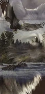 Majestic wolf and eagle in misty forest wallpaper.