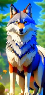 A majestic wolf stands in a vibrant, colorful forest scene.