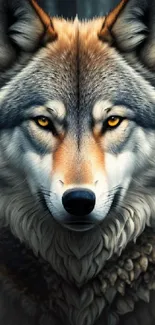 Close-up of a wolf with piercing eyes in a forest setting.