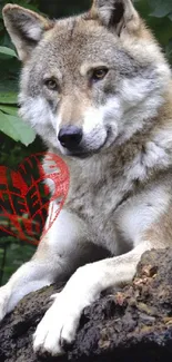 Resting wolf surrounded by green foliage with red heart accent.