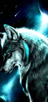 Majestic wolf with galaxy background wallpaper.