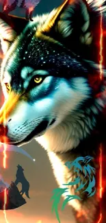 Artistic wallpaper featuring a majestic wolf with vivid teal accents.