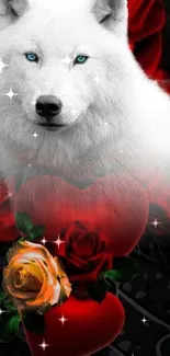 White wolf with red roses and heart designs on a dark background.