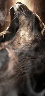 Majestic wolf howling with smoky effects in a dark background.