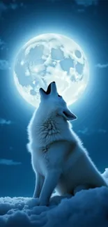 Wolf howling at the full moon on a snowy night.