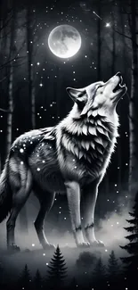 Majestic wolf howling at the moon in a dark, moonlit forest scene.