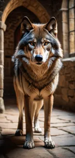 Majestic wolf in a stone castle hallway with vibrant natural lighting.