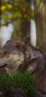 Majestic wolf in autumn forest setting.