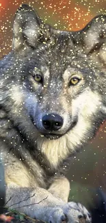 Majestic wolf surrounded by autumn foliage and sparkling light.