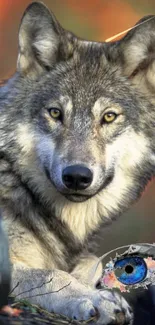 Majestic wolf in autumn forest setting.