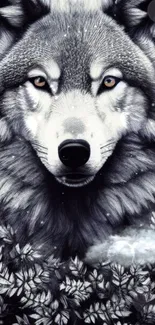 Black and white illustration of a wolf surrounded by foliage.