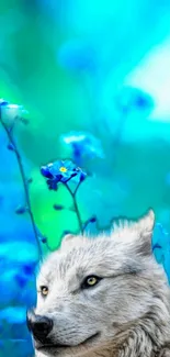 Majestic wolf with a bright blue floral background.