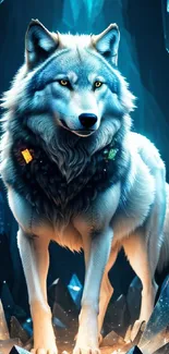 Majestic wolf surrounded by crystals in cave wallpaper.