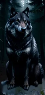 Majestic wolf in a shadowy forest setting.