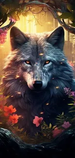 A majestic wolf with glowing eyes in a vibrant enchanted forest.