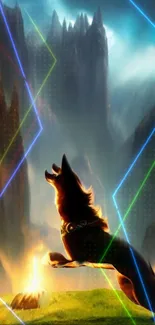 Majestic wolf leaps in neon-lit fantasy landscape.