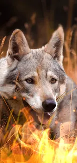 Majestic wolf amidst fiery meadow flames, mobile wallpaper.