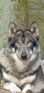 Majestic wolf resting in a tranquil forest setting.