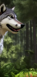 Majestic wolf stands in a green forest scene.