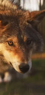 Majestic wolf in a serene forest setting with warm brown tones.