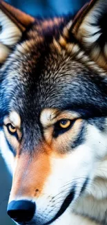 Majestic wolf portrait with blue forest background.