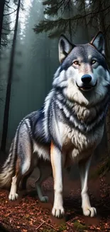 Majestic wolf standing in a misty forest, exuding grace and power.