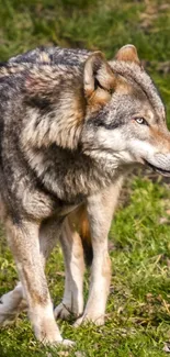 Majestic wolf in green forest mobile wallpaper.