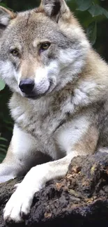 Majestic wolf resting on a log in a lush green forest scene.