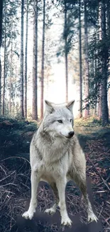 Majestic wolf standing in serene forest setting wallpaper.