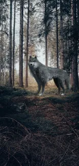 A wolf stands in a dark atmospheric forest scene, adding a sense of mystery.