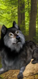 Majestic wolf rests in a lush green forest scene wallpaper.