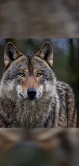 Majestic wolf in forest, gray fur, piercing eyes, nature backdrop.