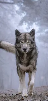 Majestic gray wolf standing on forest path in misty woods.