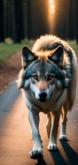 Majestic wolf walking down a sunlit forest path during sunset.