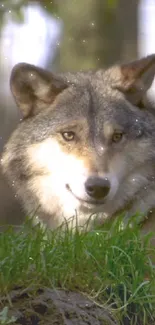 Majestic wolf surrounded by green grass in a serene forest setting.