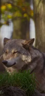 Majestic wolf resting in a serene forest setting.