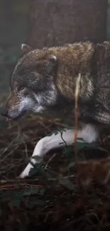 Majestic wolf gracefully walking through a lush forest setting.