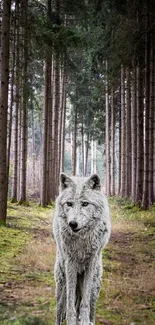 Wolf standing in a tranquil forest path, surrounded by tall trees.