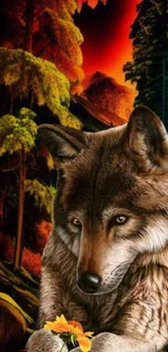 Majestic wolf in a vibrant autumn forest wallpaper.