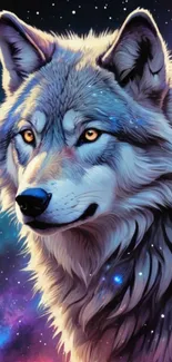 Majestic wolf with galaxy background artwork.